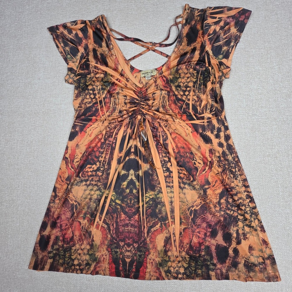 One World Orange Abstract Print Ruched Beaded Empire Waist Top Womens Medium